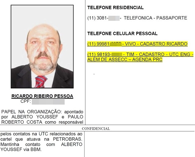 Trecho de inquérito da PF com qualificação de Ricardo Pessoa / Foto: Reprodução