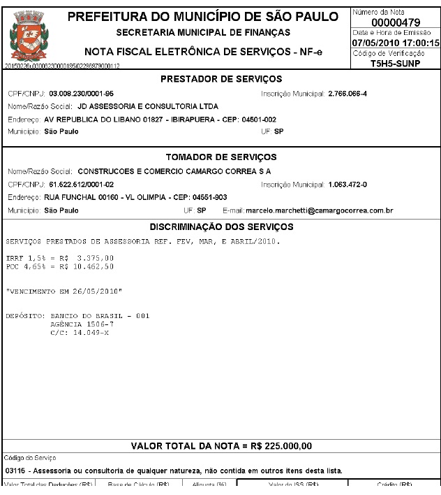 Cópia de primeira nota fiscal emitida da JD para a Camargo Corrêa