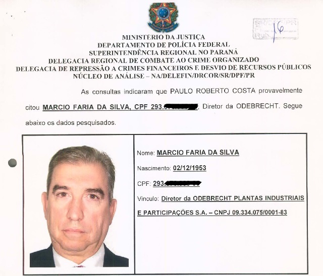 Trecho de inquérito da Lava Jato que qualifica Márcio Faria, da Odebrecht / Reprodução