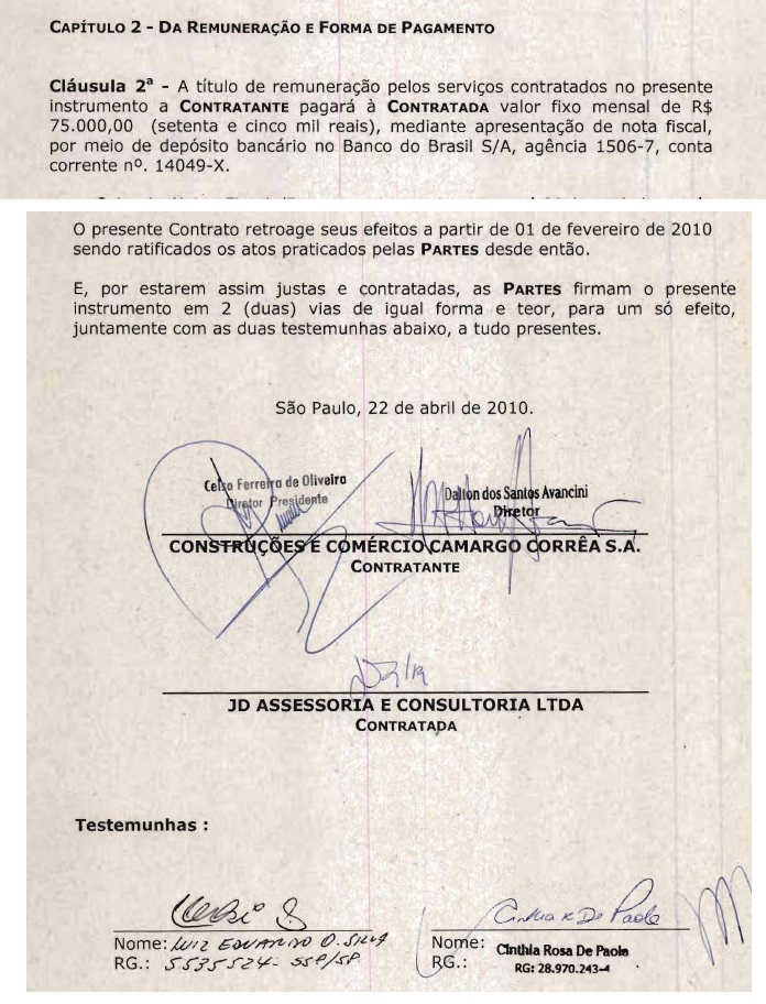Trechos do contrato da JD e Camargo Corrêa, de abril, mas retroativo a fevereiro de 2010