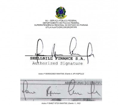 Assinatura de Mônica Moura, identificada pela PF, em modelo de contrato enviado para operador de propina com indicação de contas da offshore Shellbill, de João Santana / Foto:Reprodução