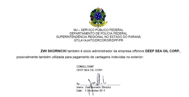 Assinatura de Zwi Skornicki em documento da Deep Sea Oil, que pagou US$ 4,5 mi a offshore de Santana / Reprodução