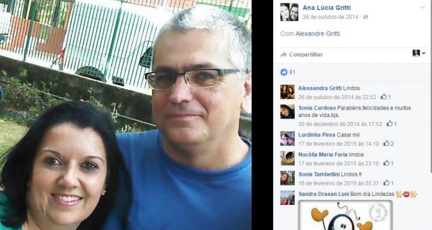 Ana Lucia e o marido, Alexandre Gritti, em foto na rede social de Ana Lucia. Foto: Reprodução