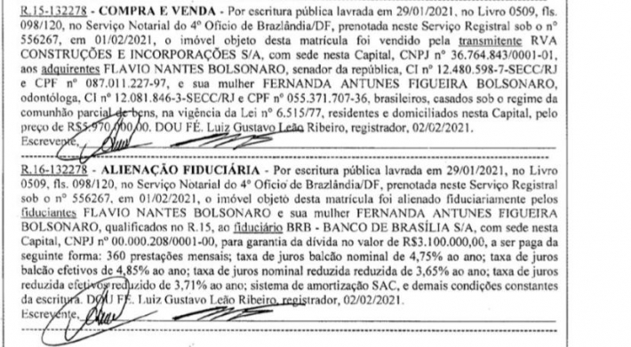 Registro da compra de mansão em nome de Flávio Bolsonaro e sua mulher